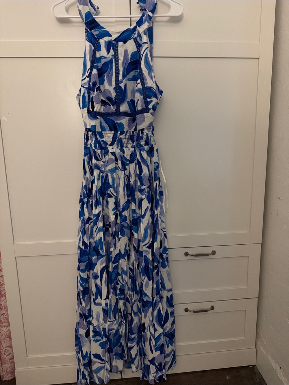 Blue Leaf-Print Halter Maxi Dress